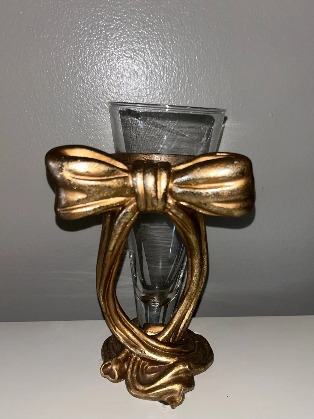 Coveted Vintage Gilt Gold Bow Vase Coquette Classic Resin 1995 YY Decor W/ Bowl